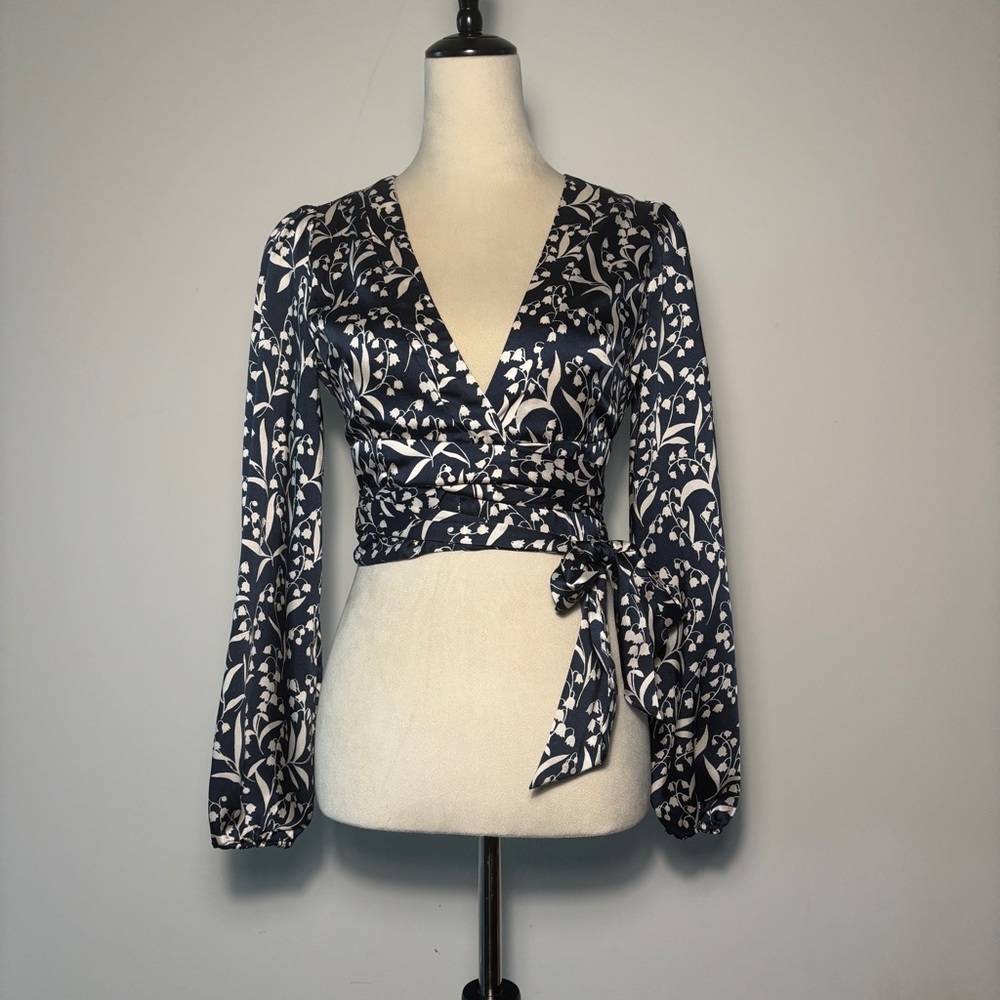 Forever 21 Black and White Bell Sleeve Wrap Blouse